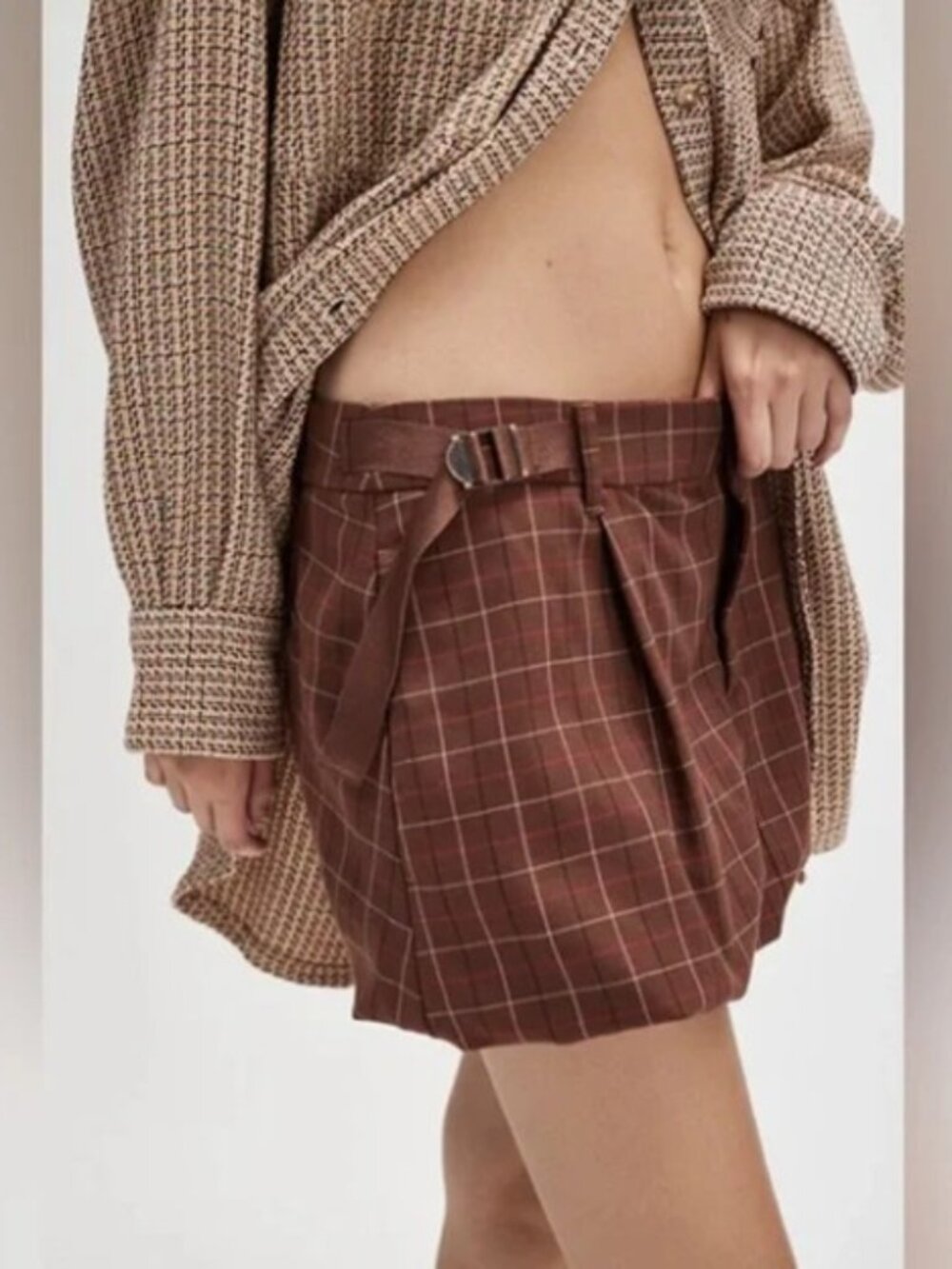 FREE PEOPLE Saturn Bubble Mini Skirt Brown Plaid Size 6 NWT